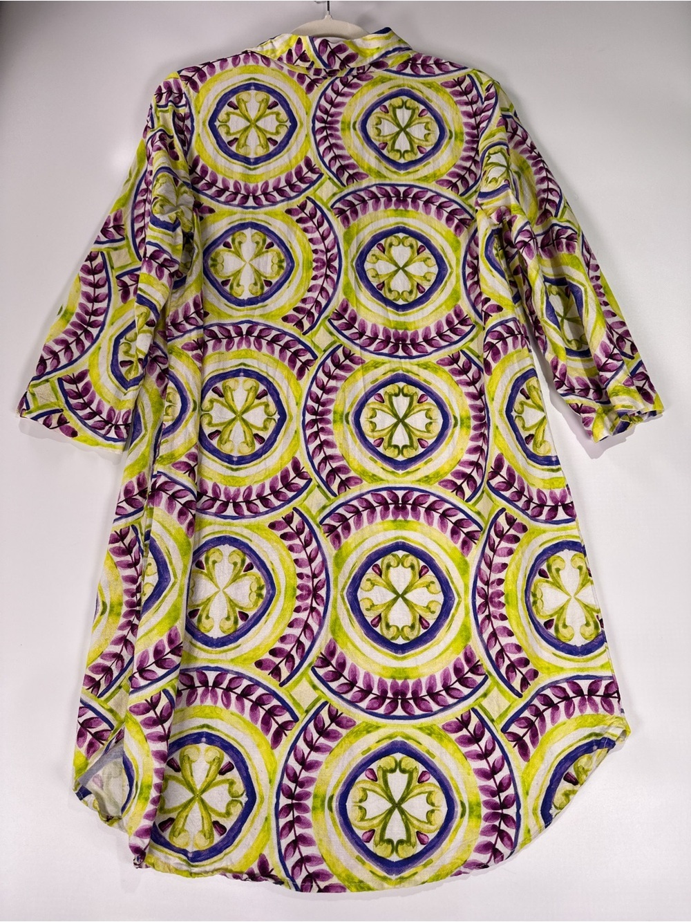 Made In Italy Shirt Dress Linen Medallion Print Green Purple Size 10 - Picture 3 of 10